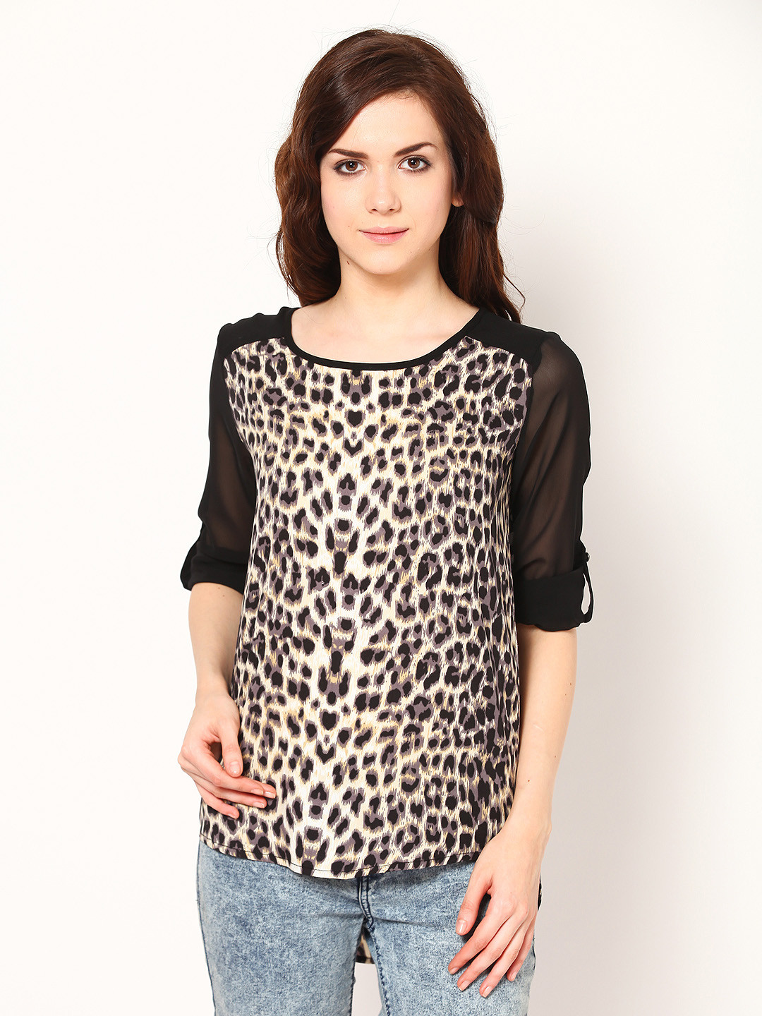 Harpa Women Cream Coloured & Black Leopard Print Top
