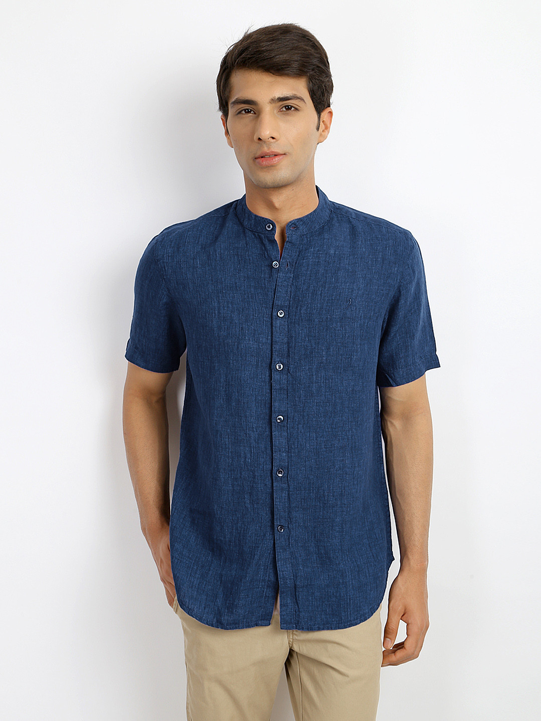 Buy Indian Terrain Men Blue Linen Slim 