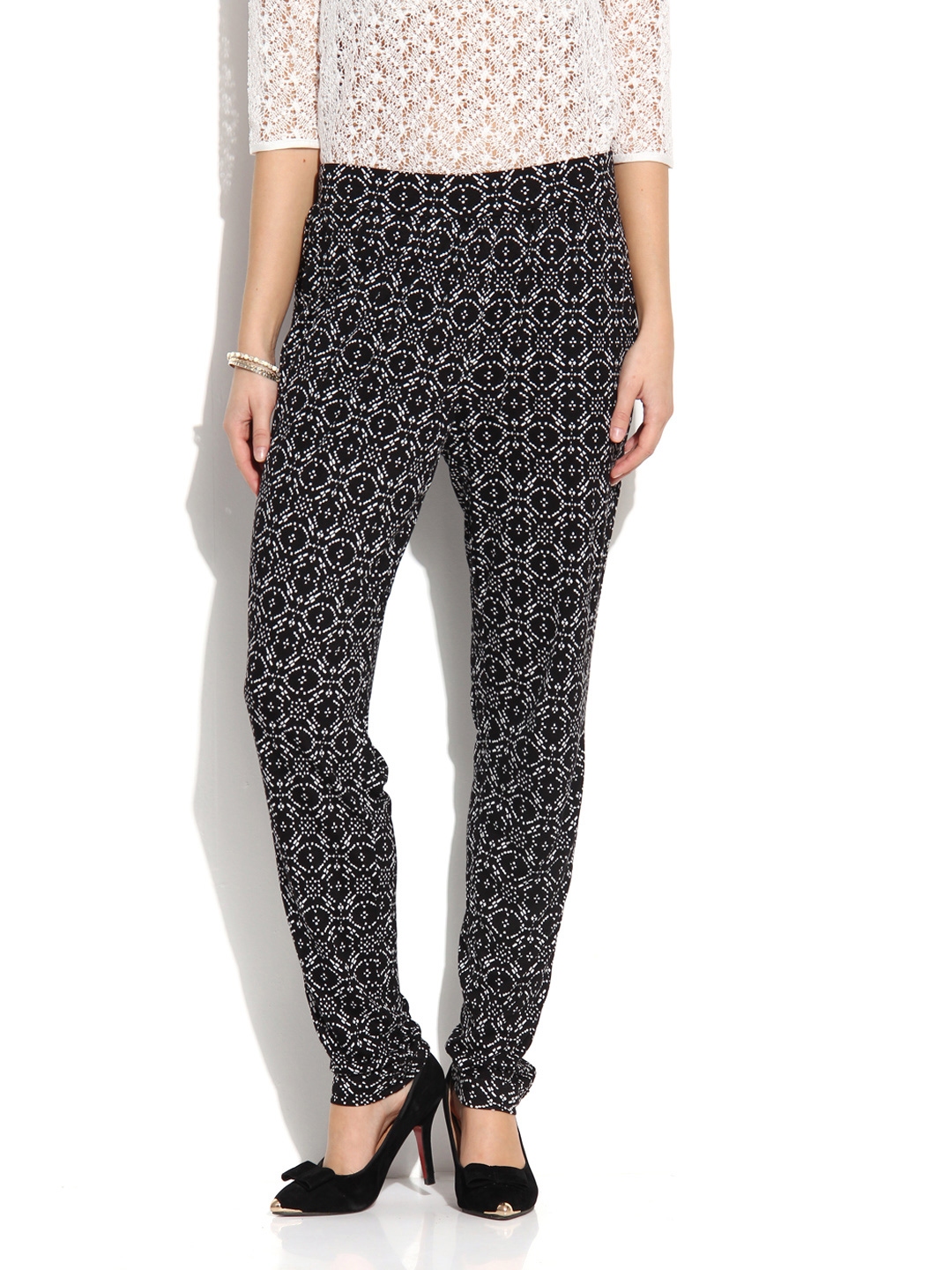 Buy MANGO Women Black  White Printed Trousers  Trousers for Women 433661   Myntra