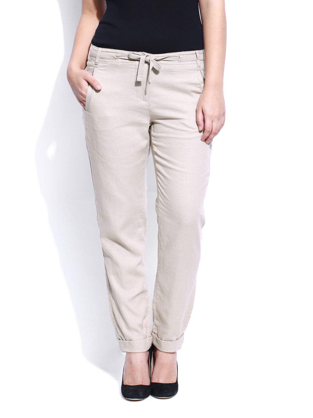 Beige Linen Blend Peg Leg Trousers 
