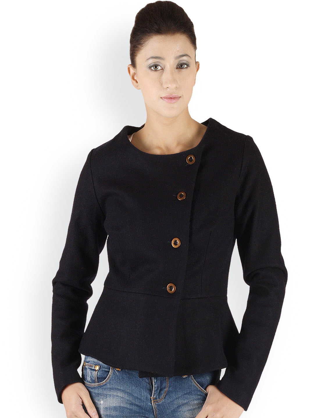 Owncraft Women Navy Woollen Peplum Jacket