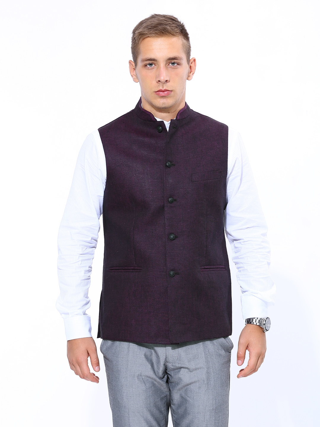 Buy Wine Nehru Jacket Set In Raw Silk With Resham And Mirror Embroidered  Geometric Jaal And Aligarh Pants