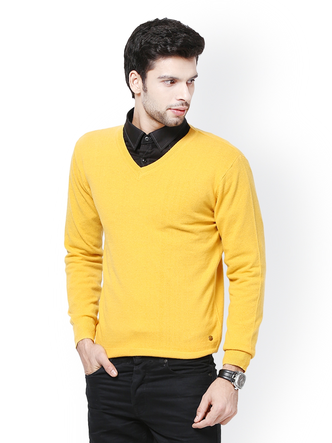 Men's yellow v sales neck sweater