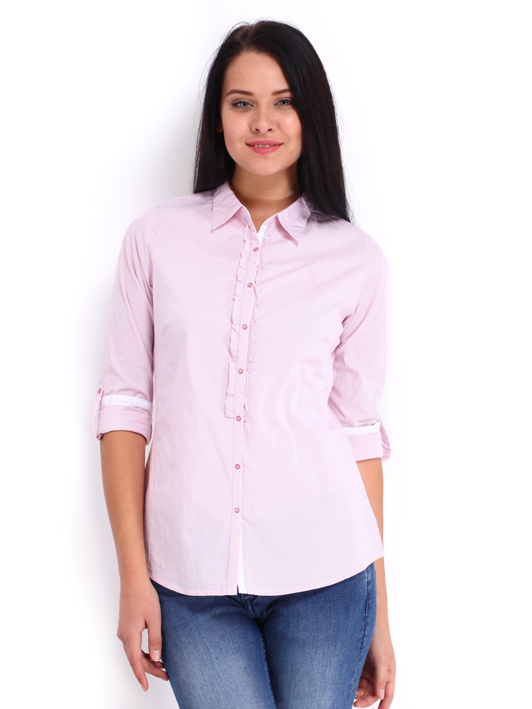 pink and white striped polo shirt womens