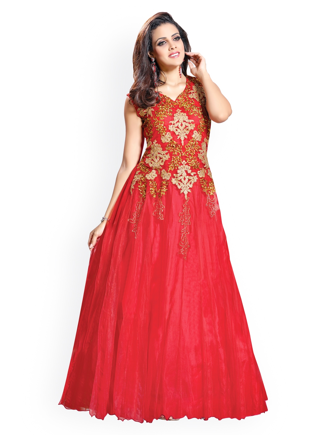 Buy Vida Red Embroidered Unstitched Gown Dress Material - Dress ...