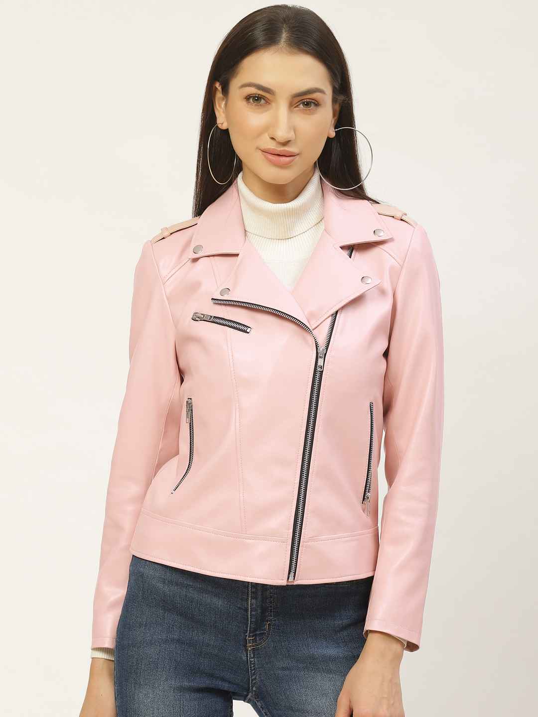 Buy Leather Retail Women Pink Solid Lightweight Biker Jacket