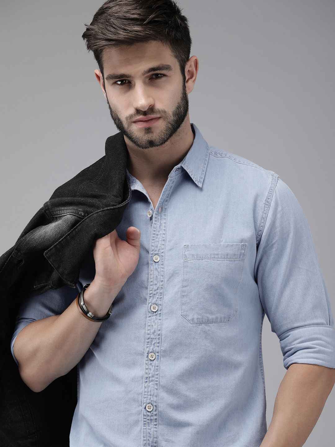 Roadster Men Light Blue Chambray Casual Shirt - Image 1