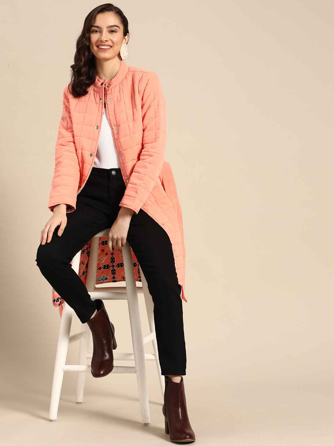 Sangria Women Peach Cotton Longline Padded Jacket - Image 1