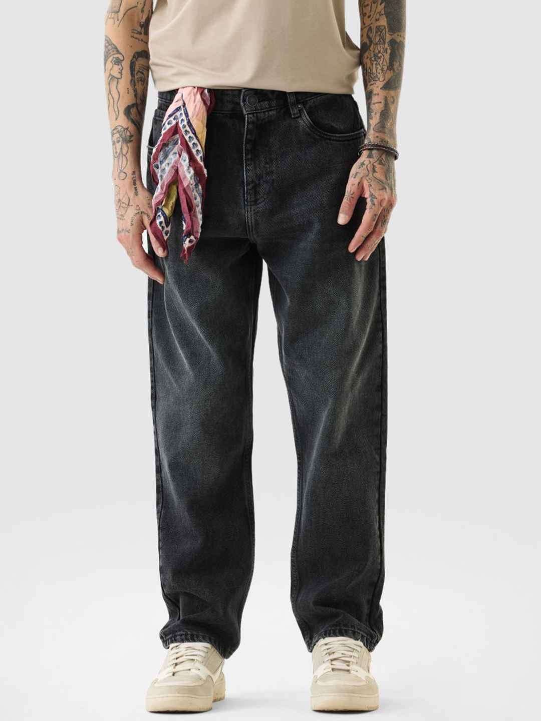 Snitch Men Dark Grey Baggy Mid-Rise Jeans