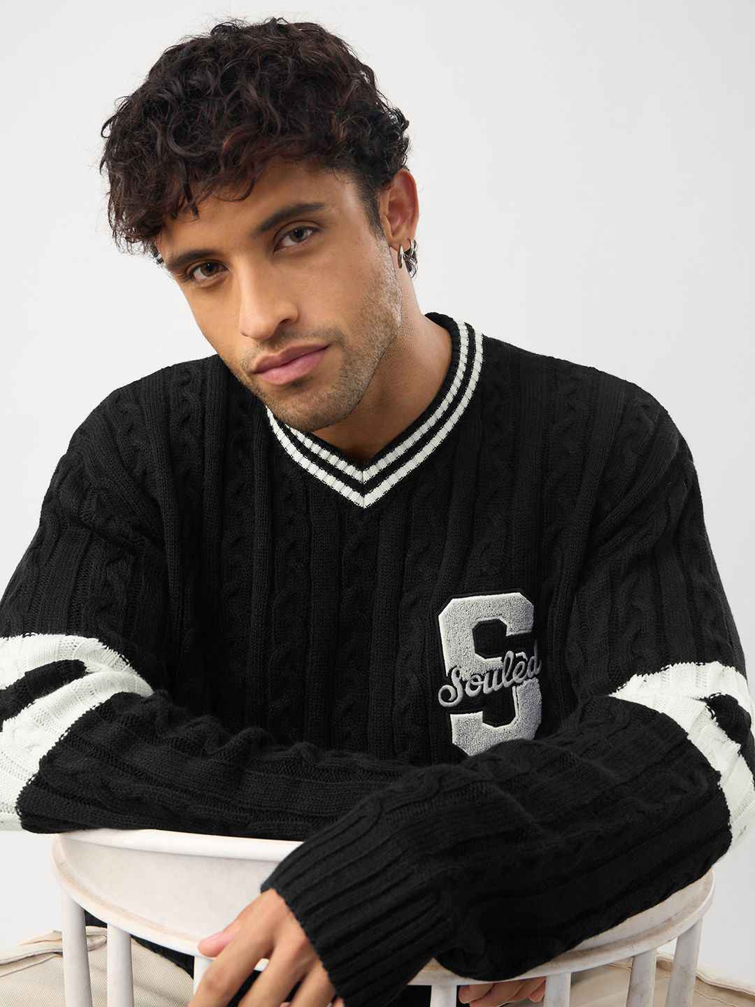 The Souled Store Men Oversized Fit Cable Knit Black Pullovers - Image 1