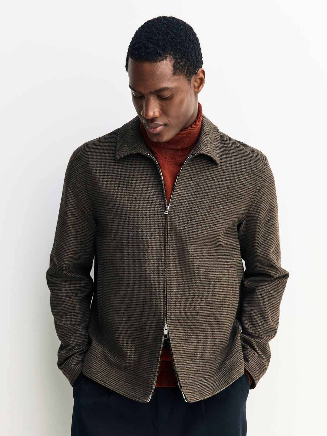 NEXT Houndstooth Spread Collar Double Zipper Tailored Jacket - Image 1