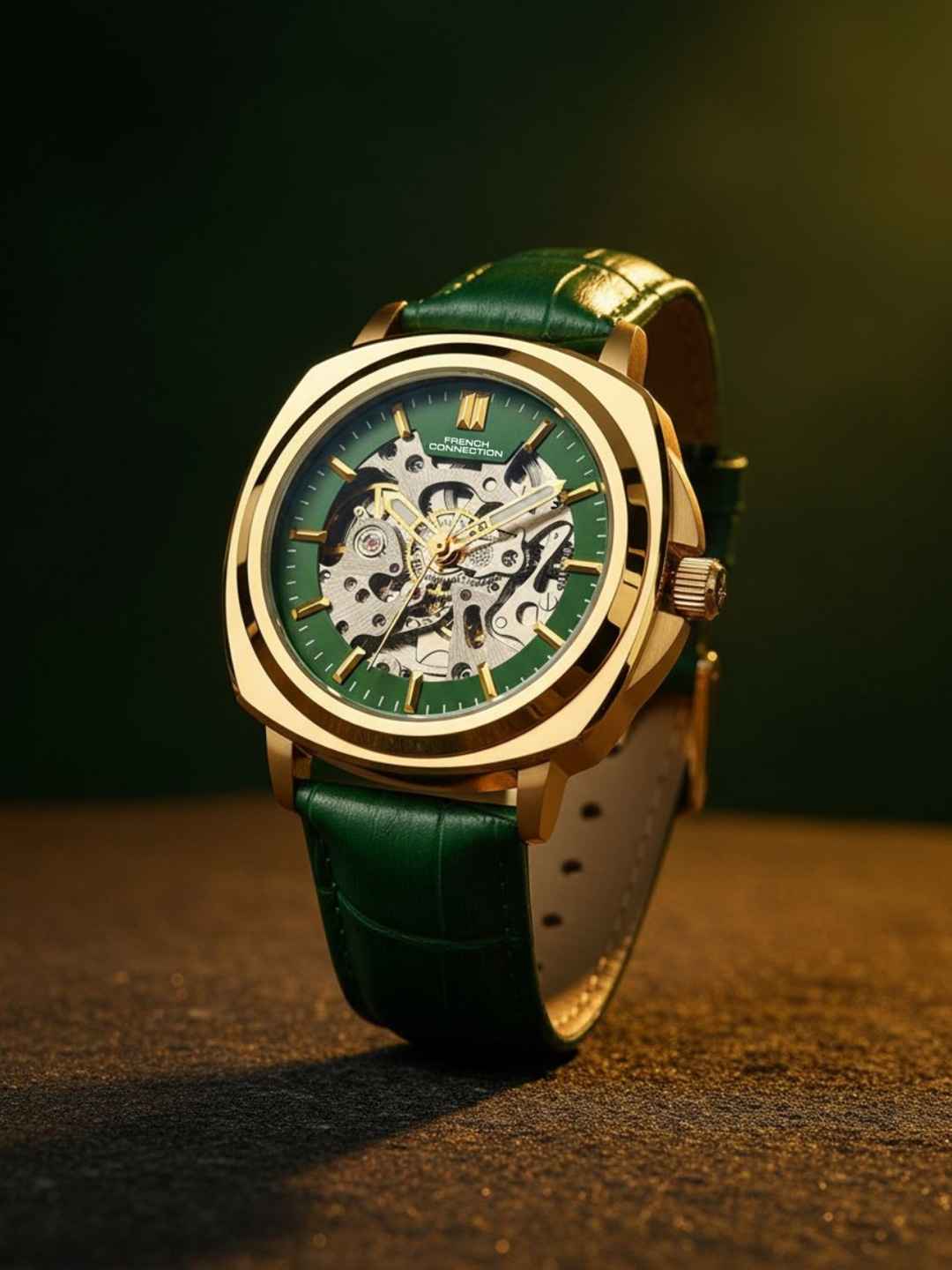 French Connection Men Skeleton Dial Leather Strap Automatic Watch