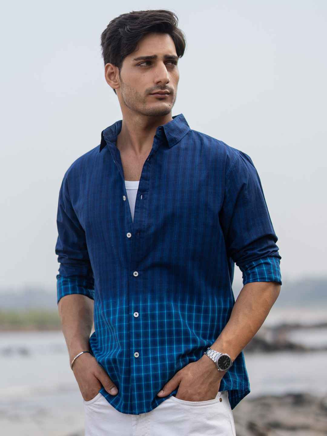 Powerlook Ombre Checks Cotton Long Sleeves Shirt