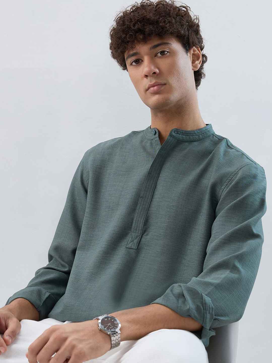 HERE&NOW Band Collar Roll-Up Sleeves Straight Kurta