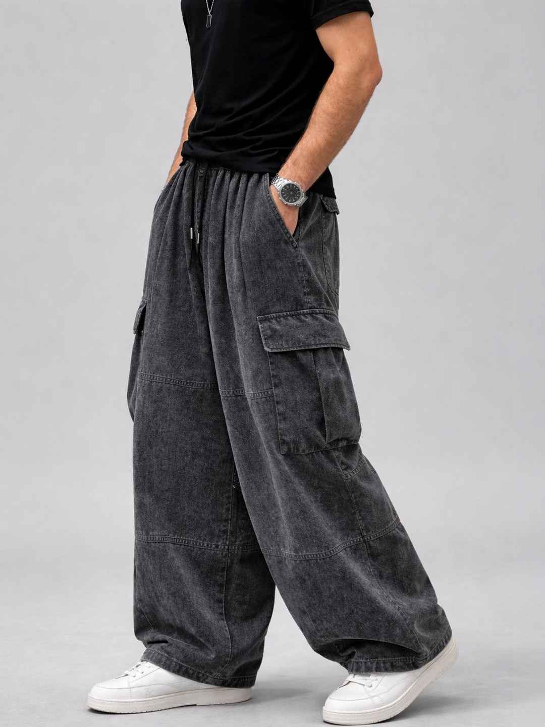 Suo Men Mid-Rise Heavy Fade Baggy Cotton Jeans - Image 1
