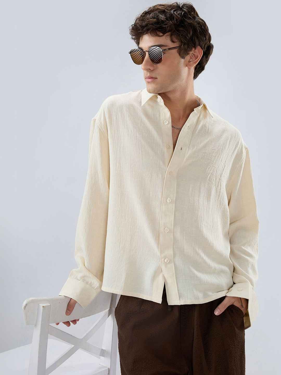 VASTRADO Cream Breeze Minimal Textured Boxy Fit Crop Shirt White