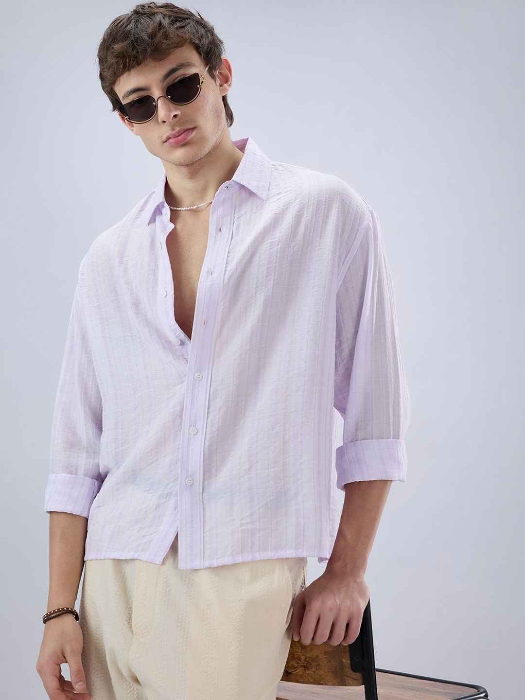 VASTRADO Lavender Airstripe Crinkled Crop Shirt