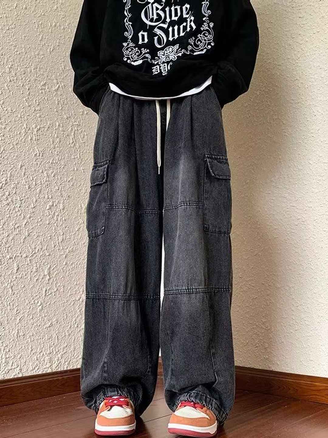 StyleCast x Revolte Men Wide Leg Mid-Rise Dark Jeans - Image 1
