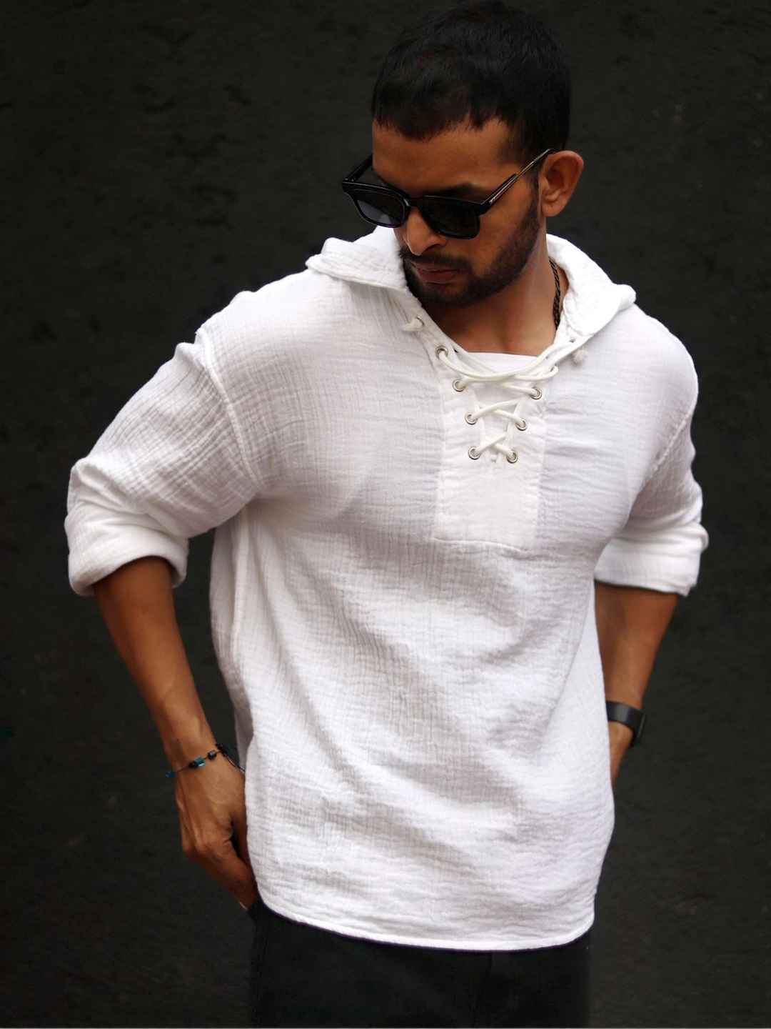 Powerlook Textured Hooded Slim Oversize Cotton Shirt - Image 1