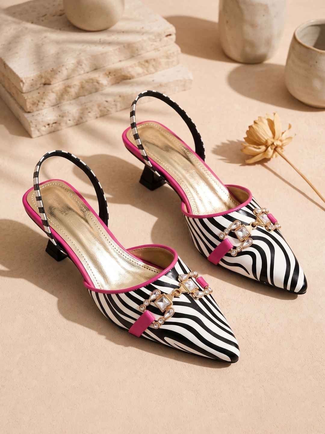 Sole House Printed PU Party Kitten Pumps with Buckles