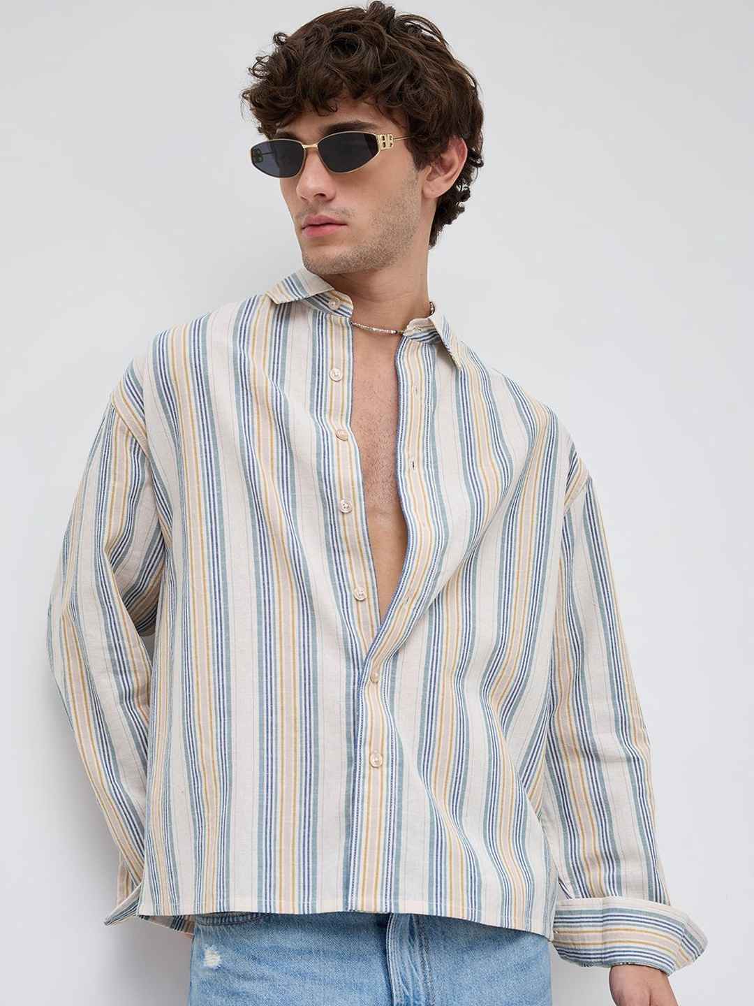 VASTRADO Multicolor Striped Linen Blend Crop Shirt - Image 1