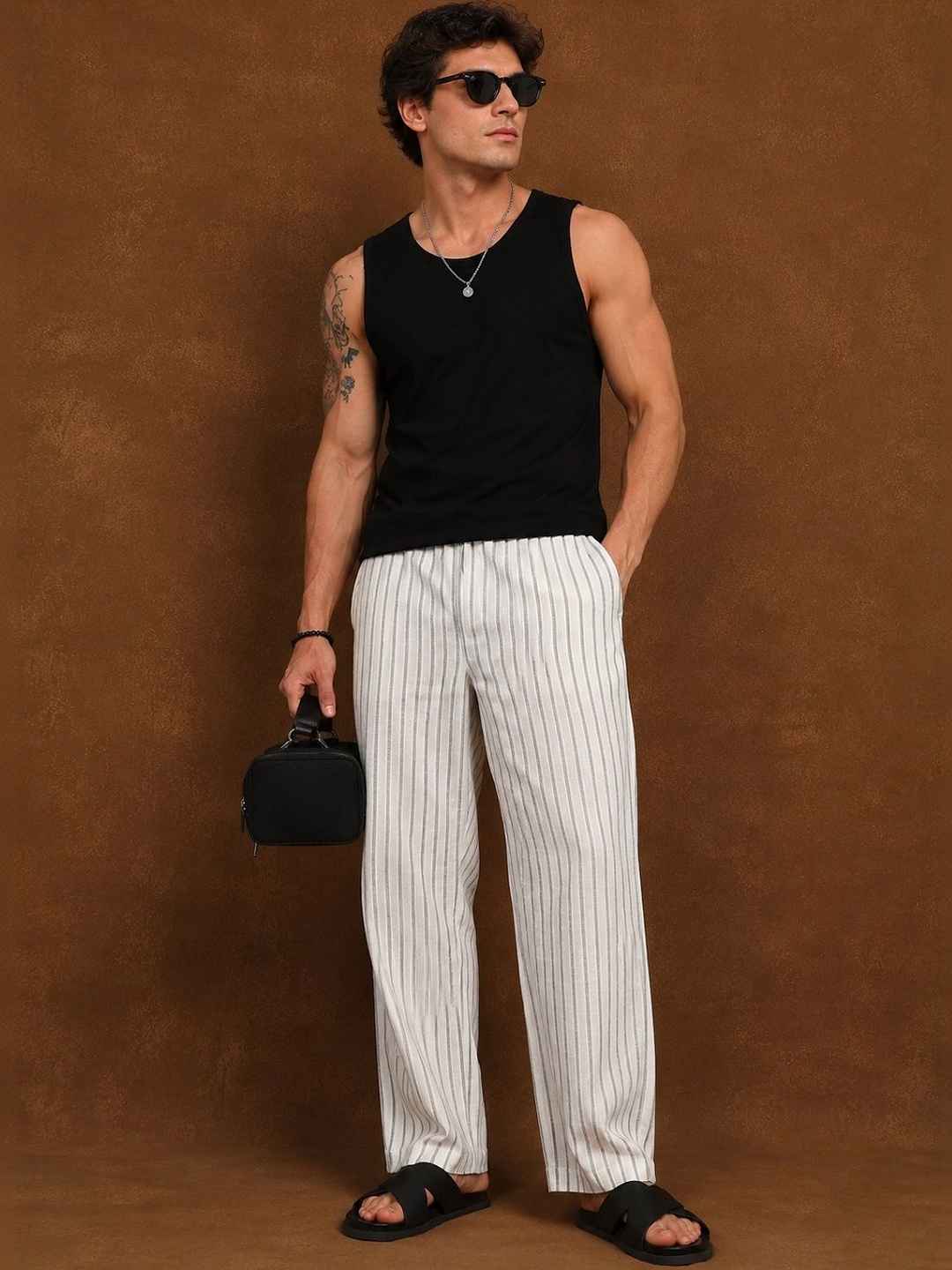 HERE&NOW Men White Striped Trousers - Image 1