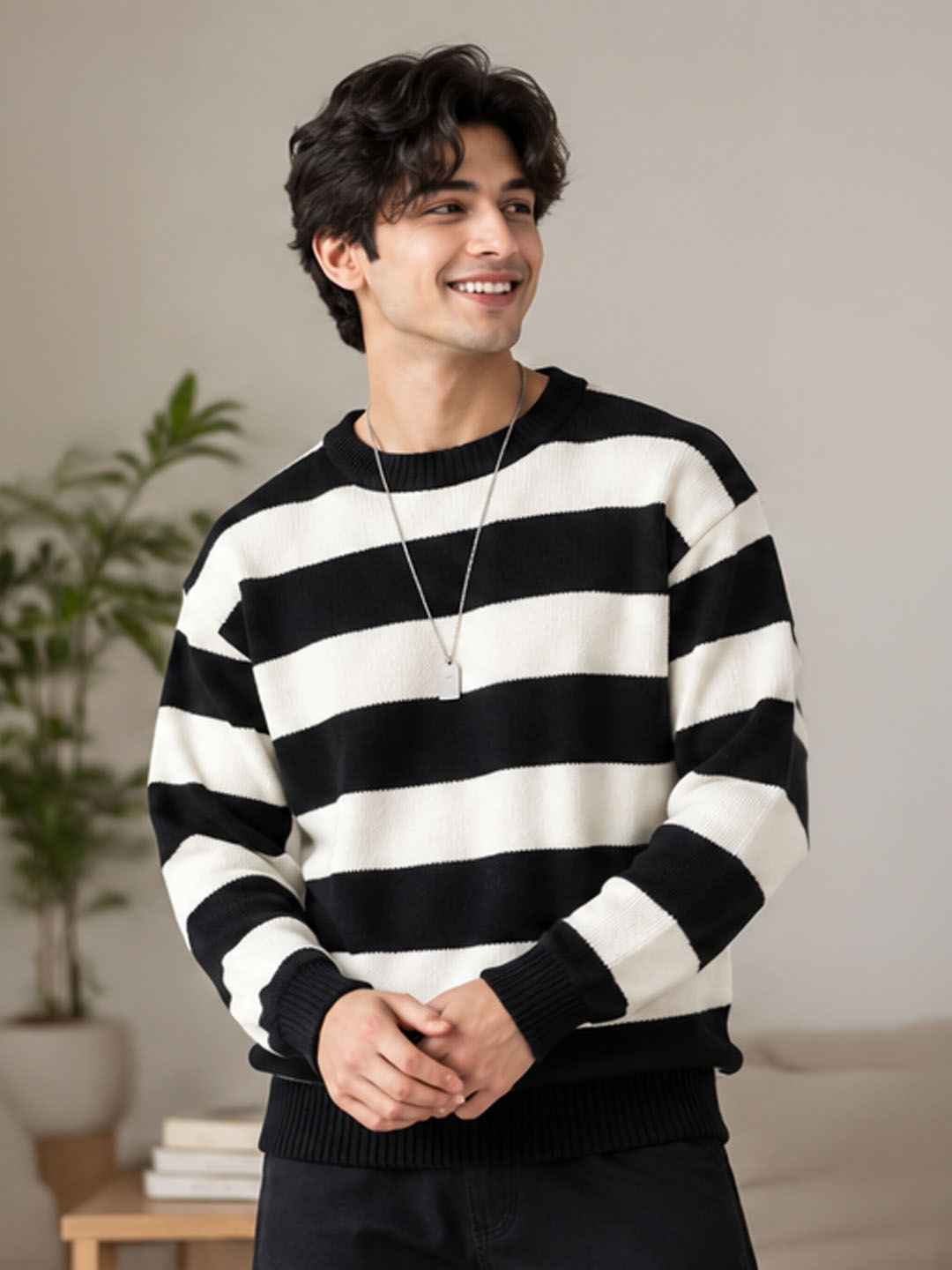StyleCast Men Striped Round Neck Pullover Sweater - Image 1