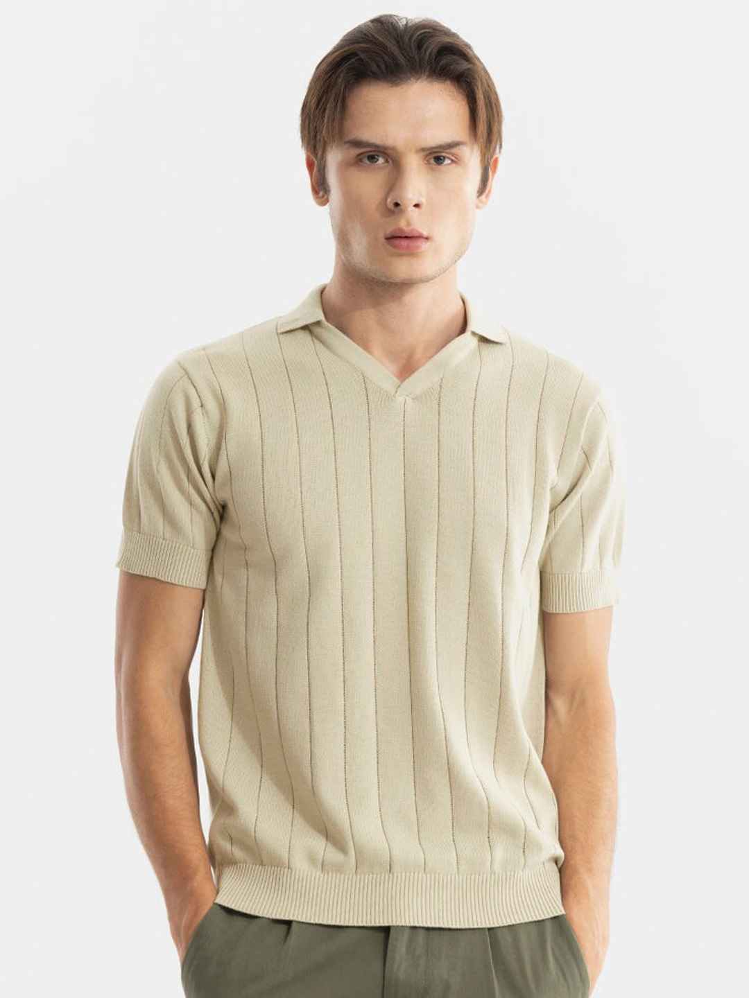 Buy Snitch Beige Striped Polo Collar Slim Fit Pure Cotton T Shirt
