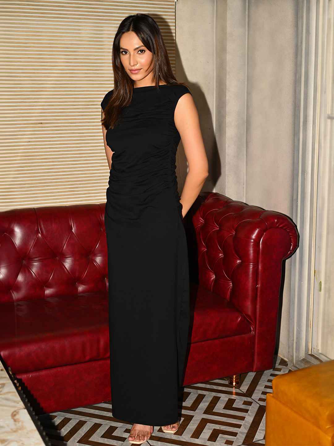 COLOR CAPITAL Boat Neck Ruched Sheath Maxi Dress - Image 1