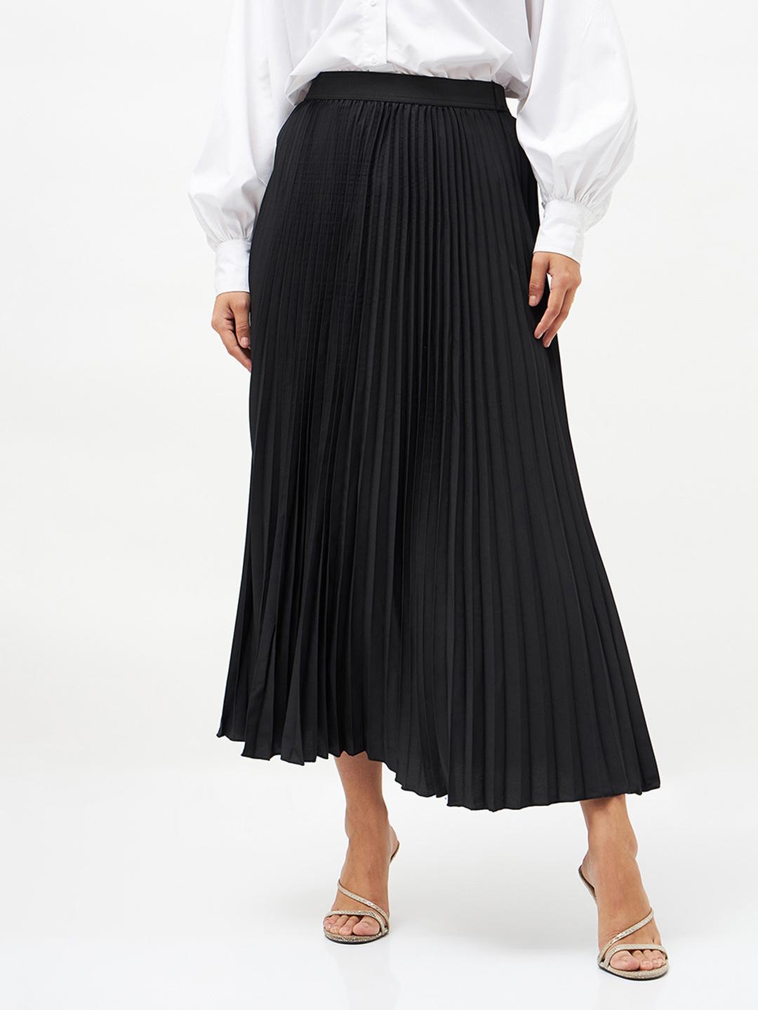 Buy SASSAFRAS Black Accordion Pleated Maxi Flared Skirt - Skirts