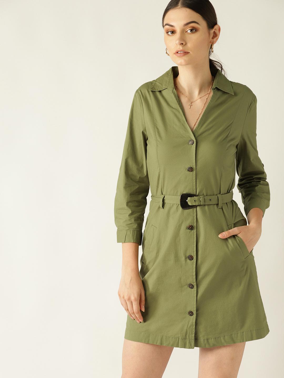 Buy MANGO Women Olive Green Solid Shirt Dress - Dresses for Women 10313127  | Myntra