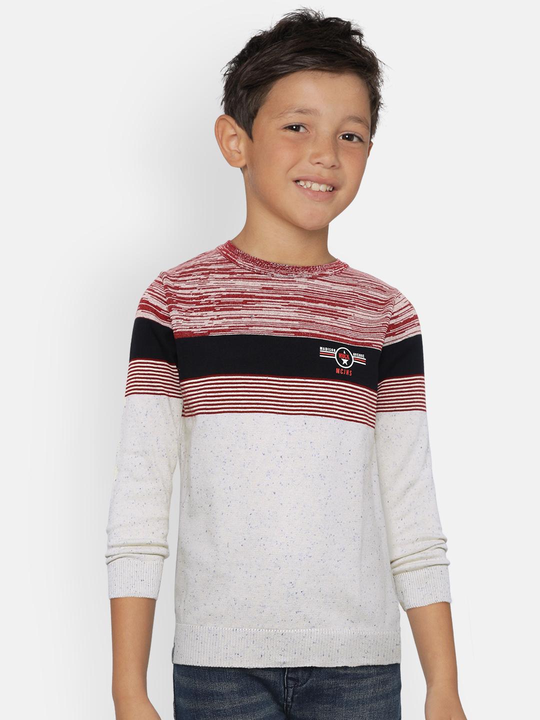 Buy Monte Carlo Boys Off-White Maroon Striped Sweater Sweaters
