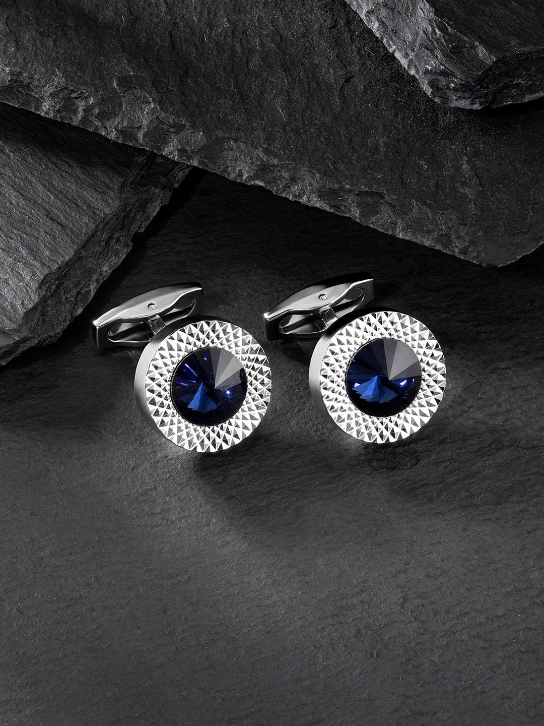 Buy Peora Men Blue Silver-Plated Crystal Cufflinks Cufflinks