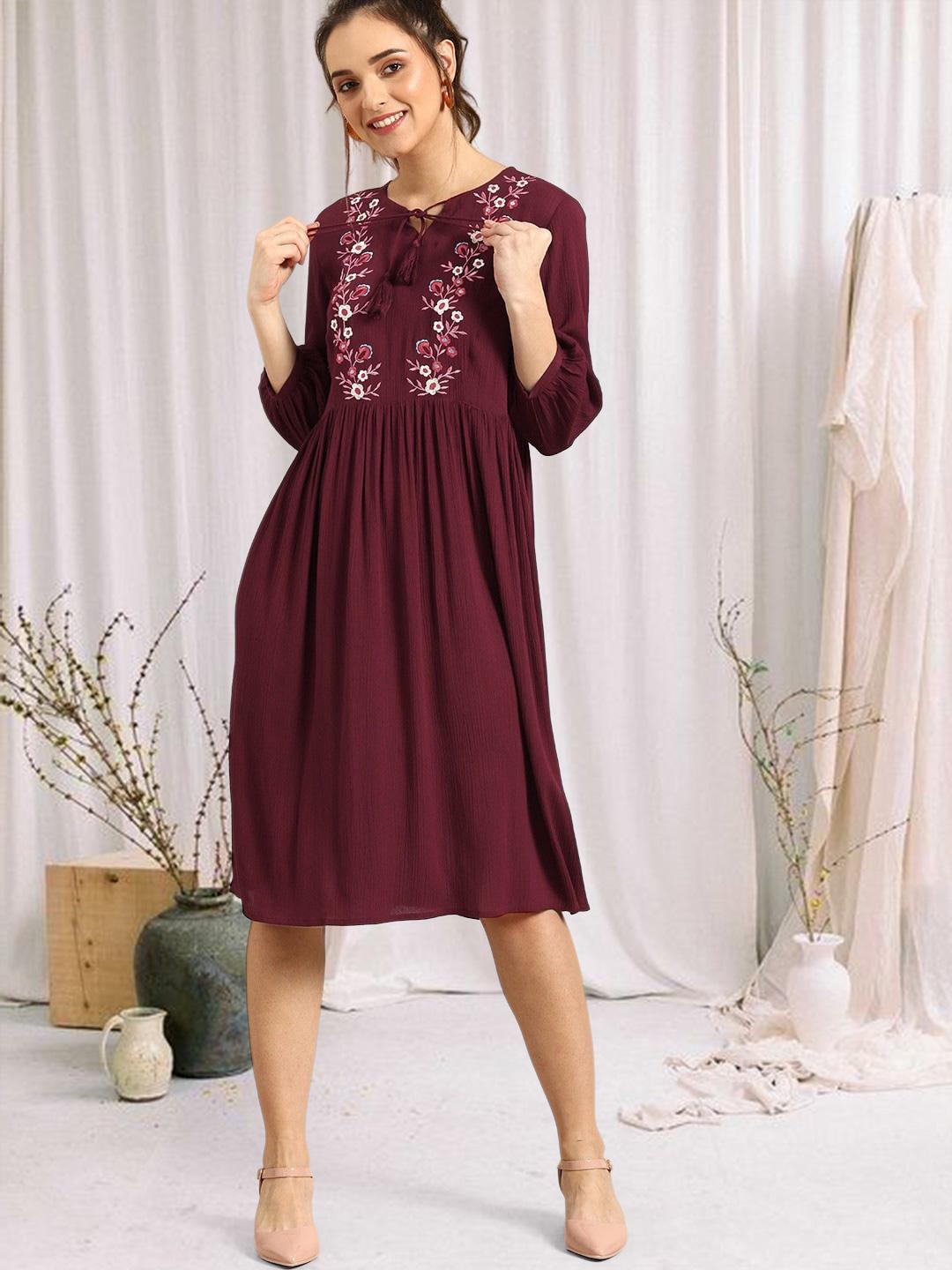 Buy DressBerry Women Burgundy Embroidered A-Line Dress - Dresses for Women  10463770 | Myntra