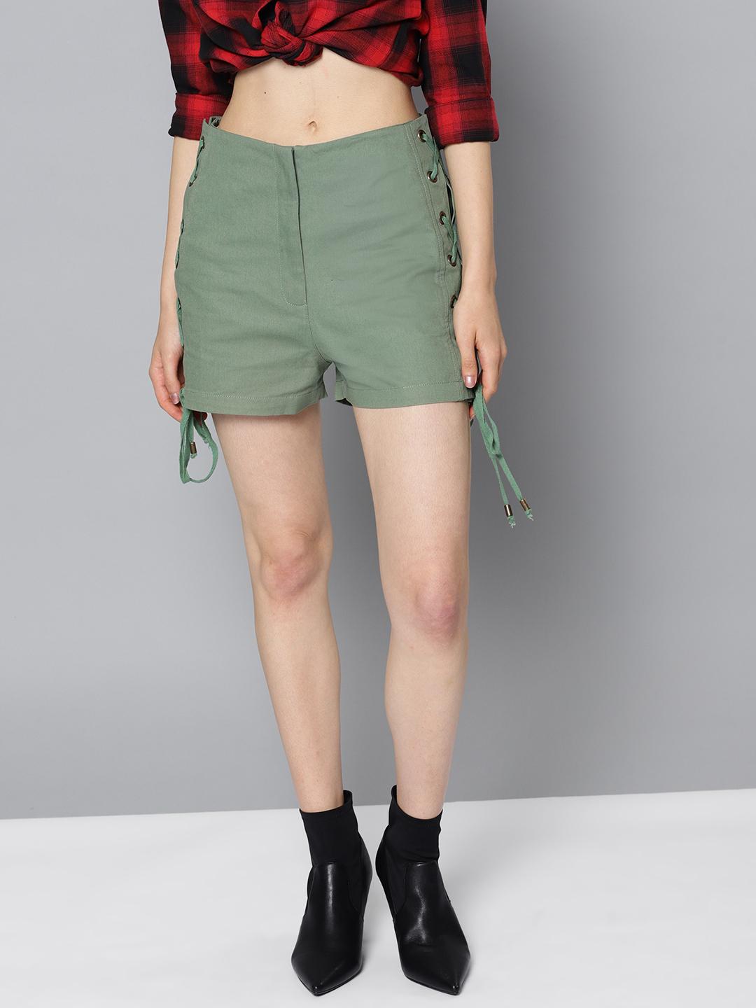 STREET Women Green Solid Slim Fit Lace-Up Shorts