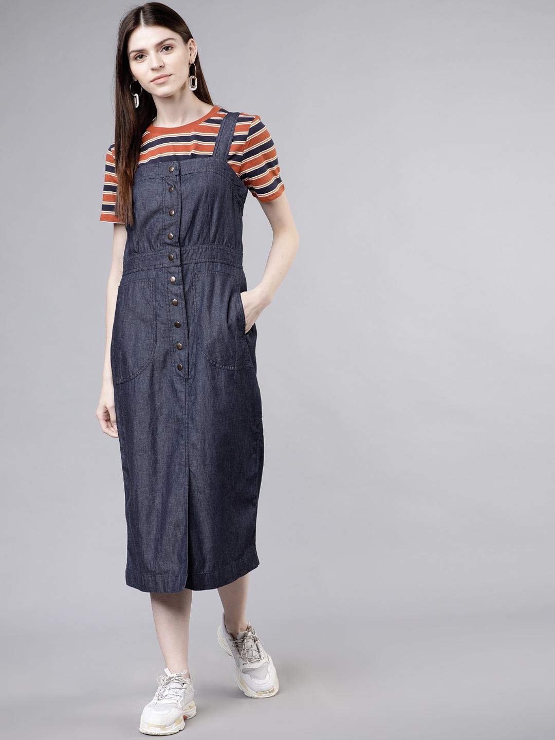 Buy Tokyo Talkies Women Navy Blue Solid Denim Pinafore Dress - Dresses for  Women 10847900 | Myntra