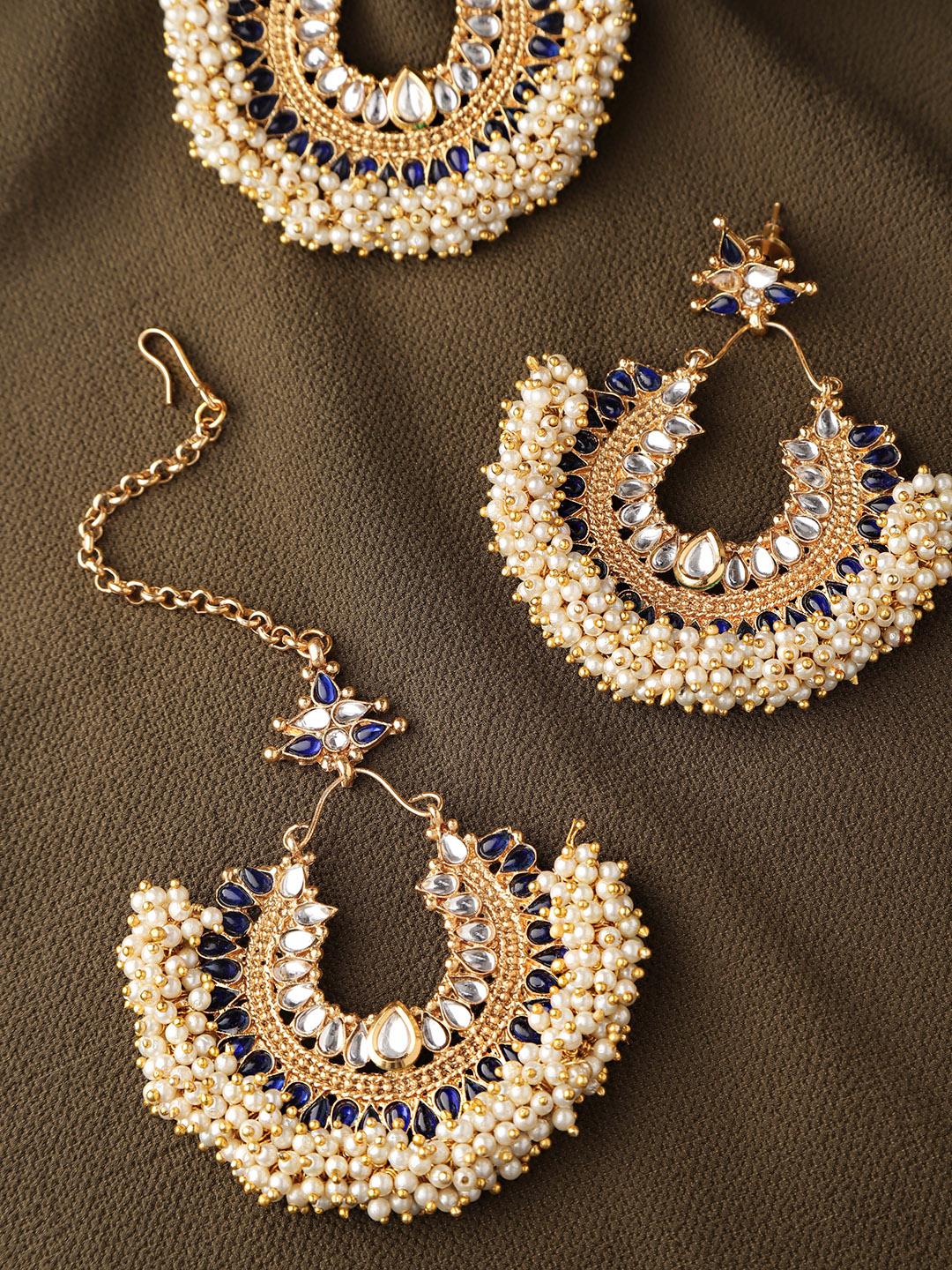 Buy Zobby Navy Blue Off-White Gold-Plated Kundan Studded