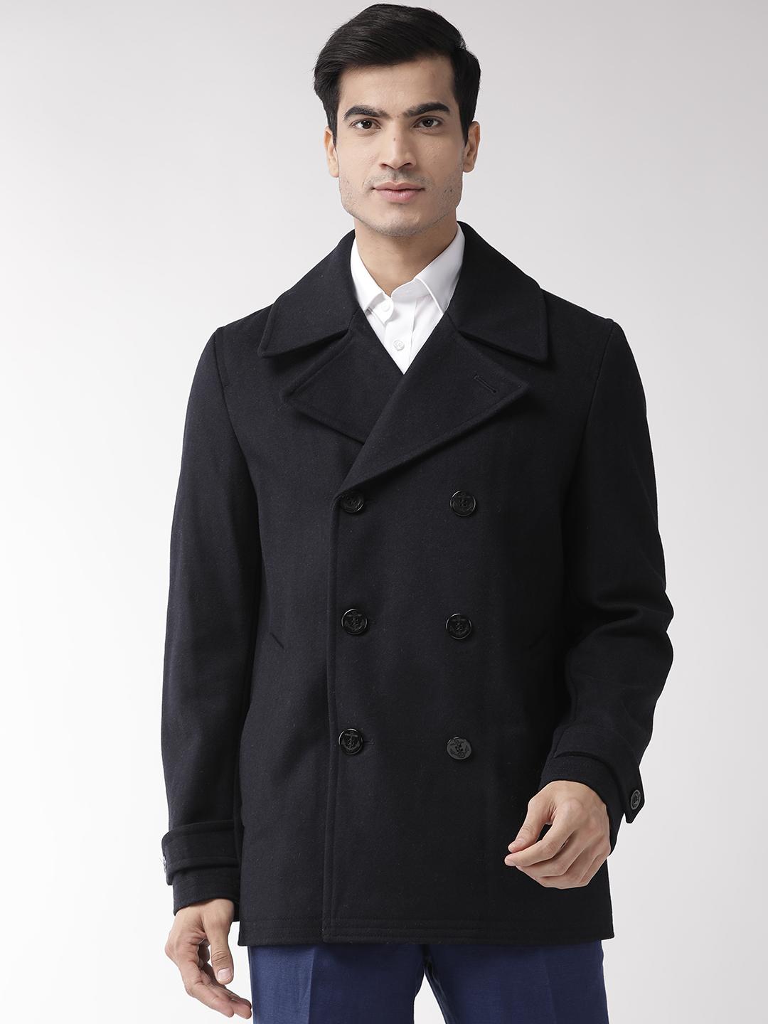 Buy Marks & Spencer Men Navy Blue Solid Double Breasted Pea Coat