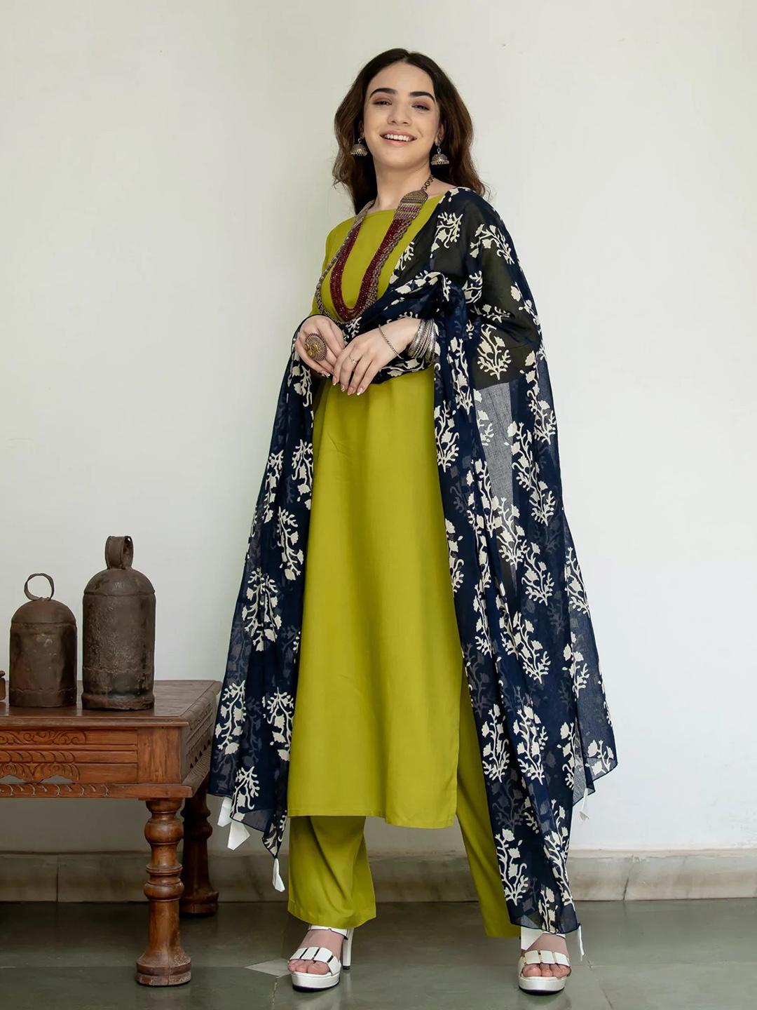 Buy Rustorange Women Olive Green & Navy Blue Solid Kurta with ...