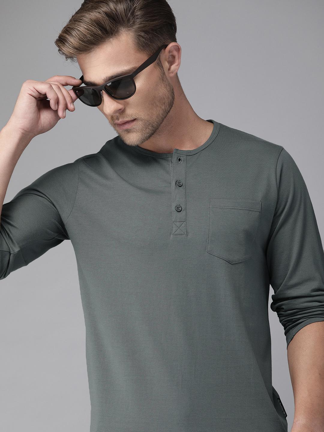 Buy Roadster Men Grey Solid Henley Neck Pure Cotton T-shirt