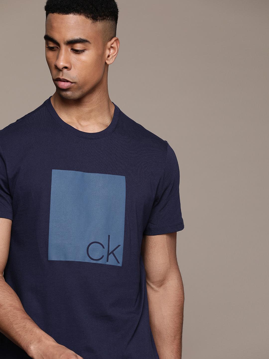 Buy Calvin Klein Jeans Men Navy Blue Printed Round Neck Pure