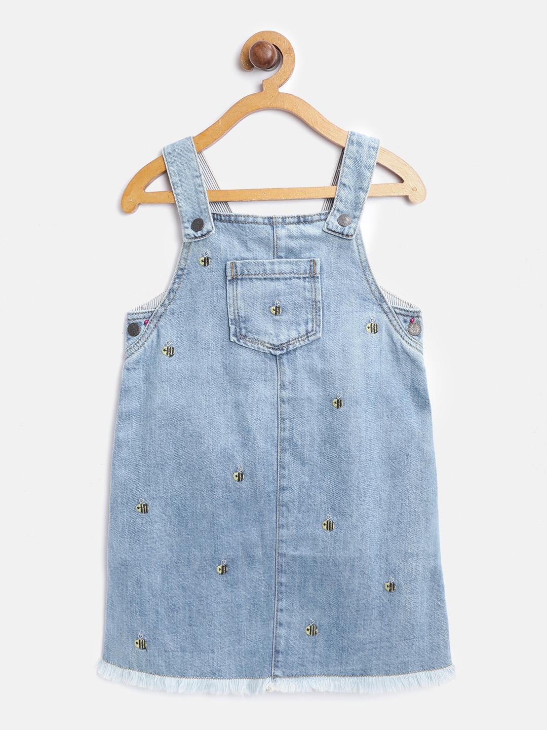 embroidered denim pinafore dress Denim Pinafore Dress with White Shirt & Butterfly Appliqué For Girls main image 1