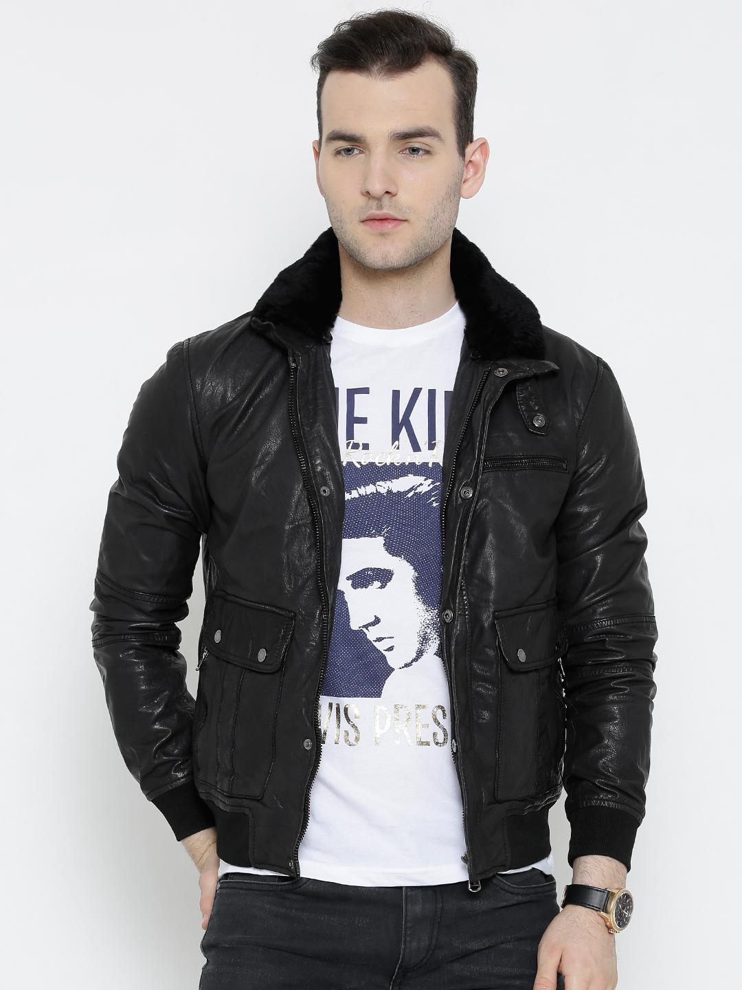 Buy BARESKIN Black Leather Jacket with Detachable Faux Fur Collar