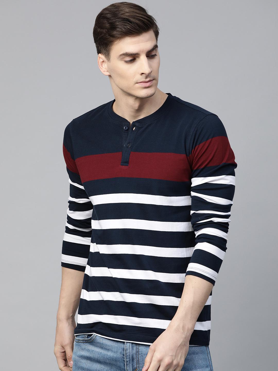 Roadster Men Navy Blue Striped Henley T-shirt - Image 1