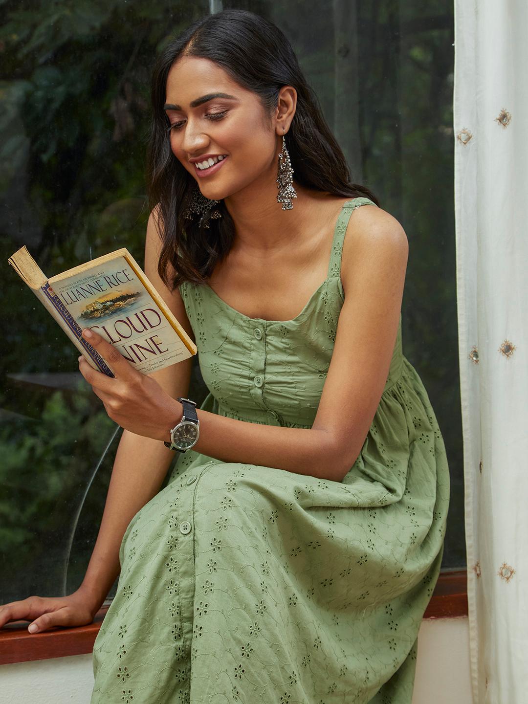 slim fit dress slacks Olive Green Schiffli Eyelet Lace-Up Tiered Midi Dress main image 1