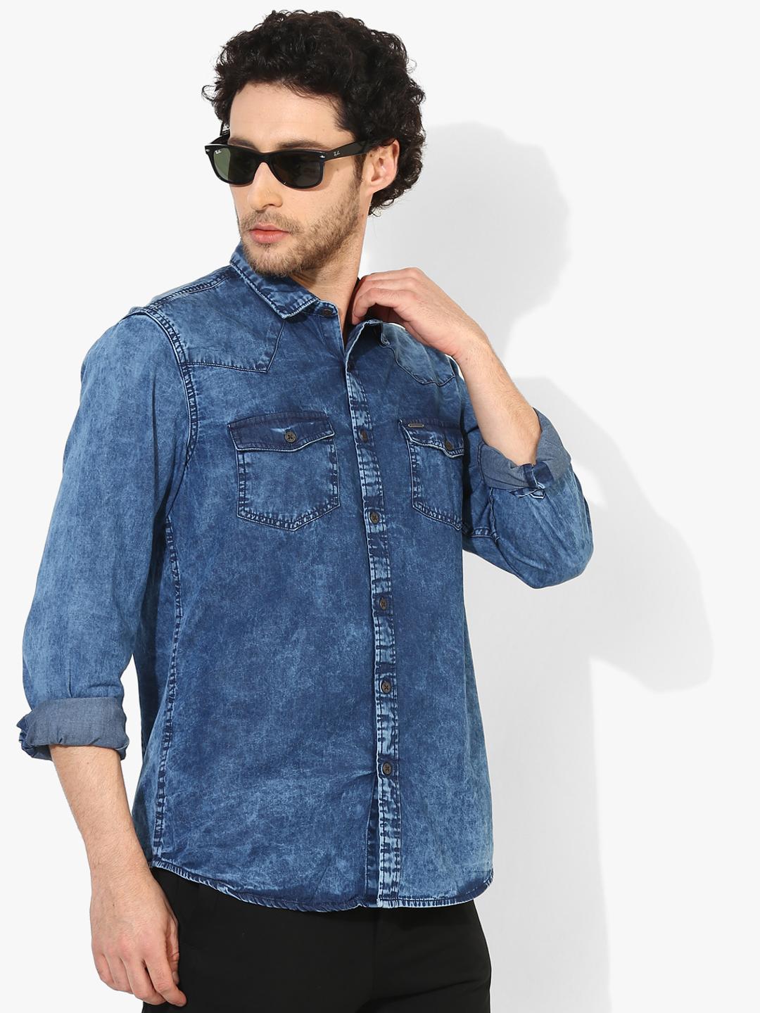Buy Indigo Nation Men Blue Faded Slim Fit Denim Shirt - Shirts for