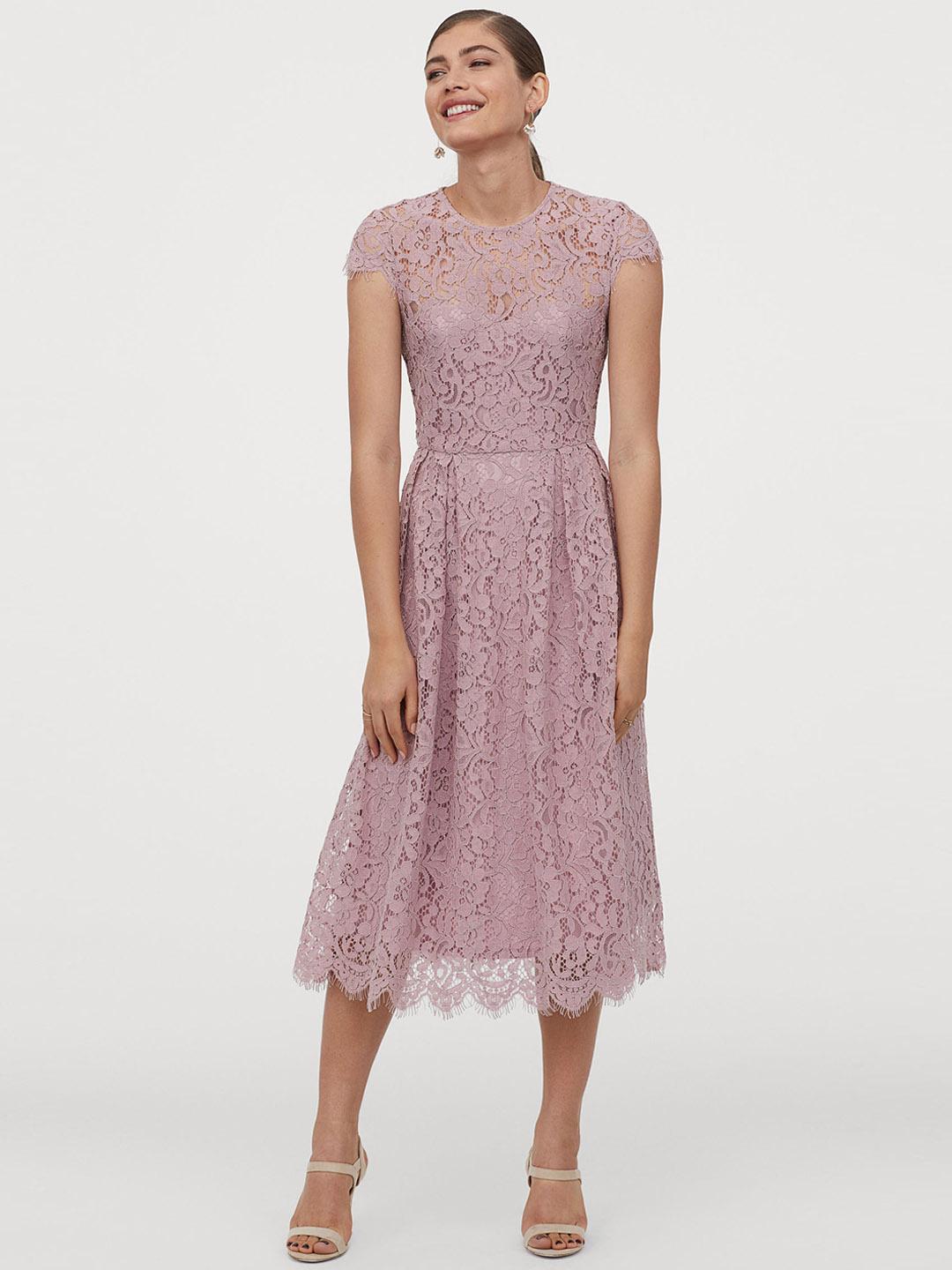 Buy H&M Women Pink Self Design Calf-Length Lace Dress - Dresses for Women  11626676 | Myntra