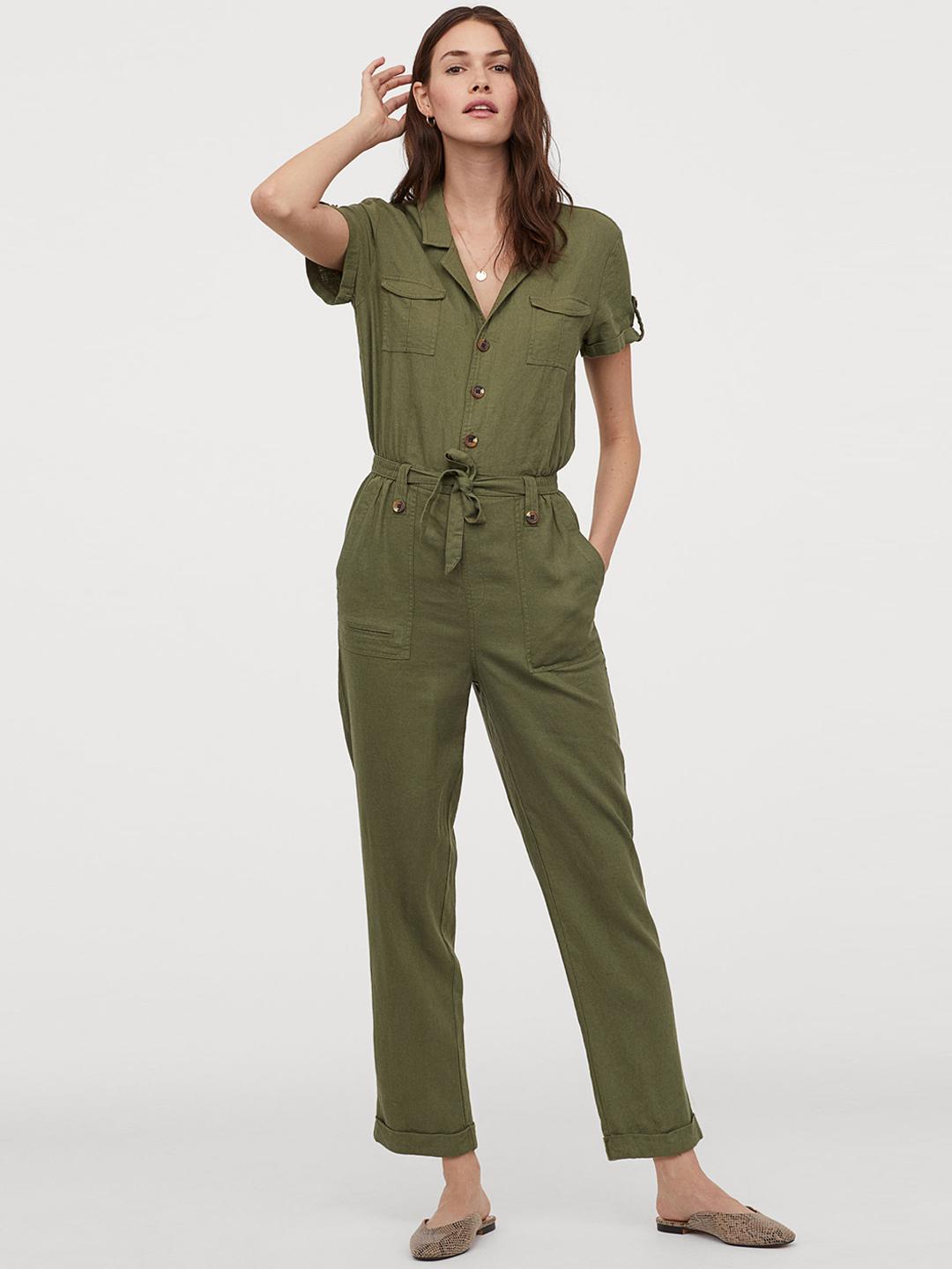 Buy H&M Women Olive Green Linen-Blend Jumpsuit - Jumpsuit for