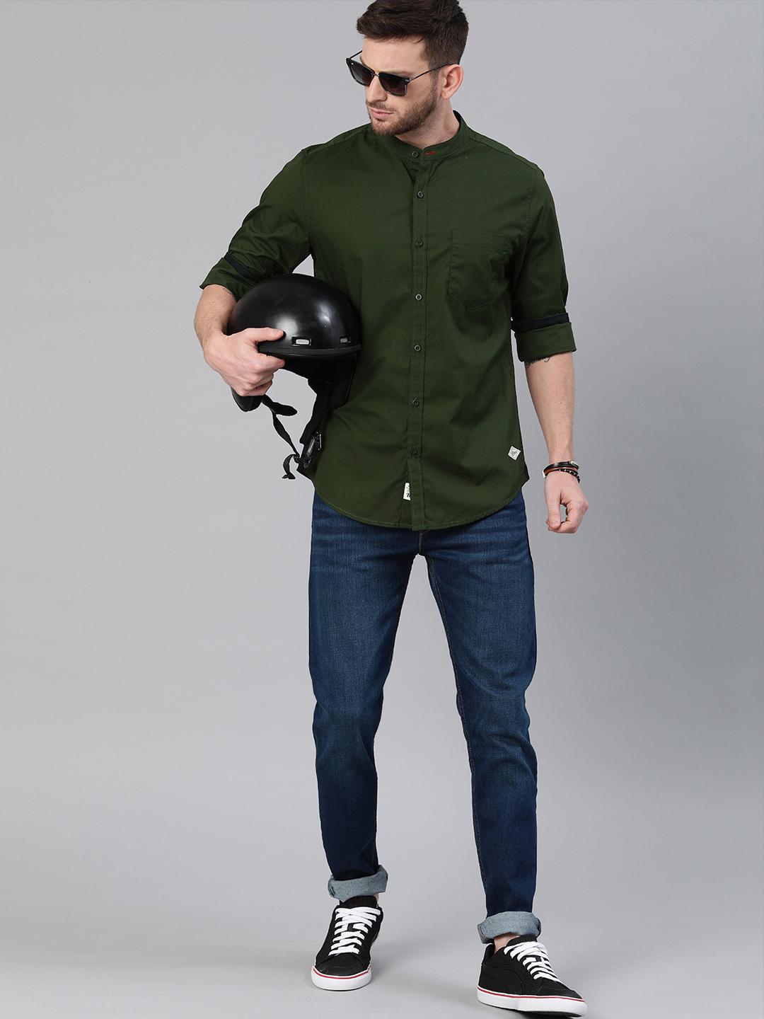 Men Green Shirt Black Jeans Matte Cuffs Olive Green Shirt For Men