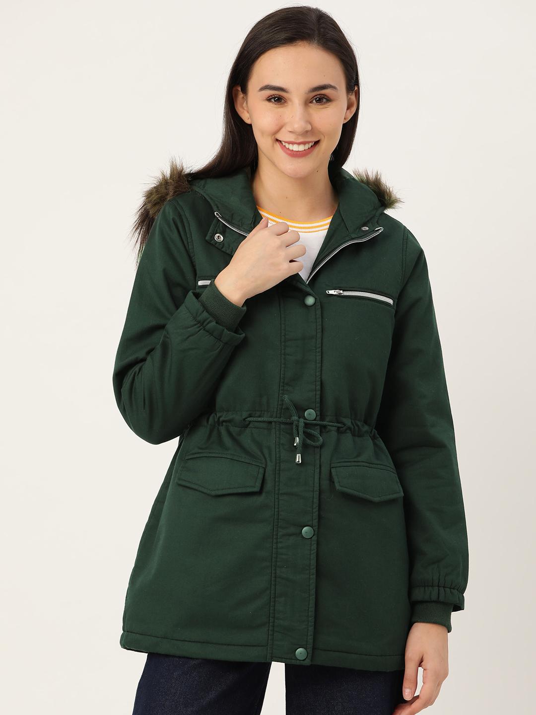 Buy DressBerry Women Green Solid Longline Parka Jacket with